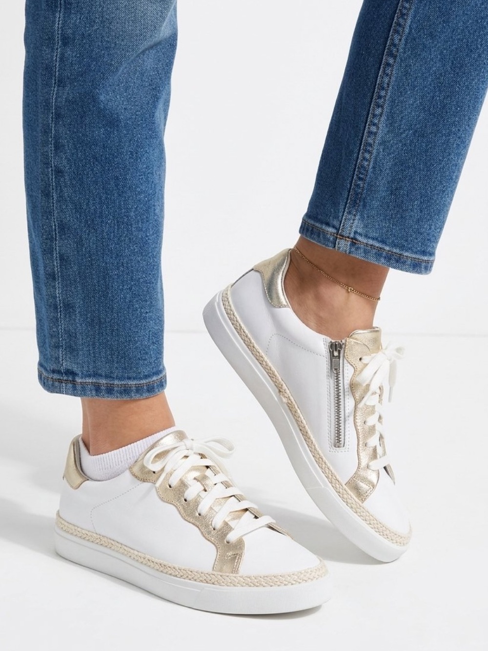 Women's Leather White Sneakers with Textured Metallic Gold Leather Trim Support